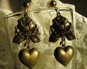 Hearts and Roses Brass Earrings