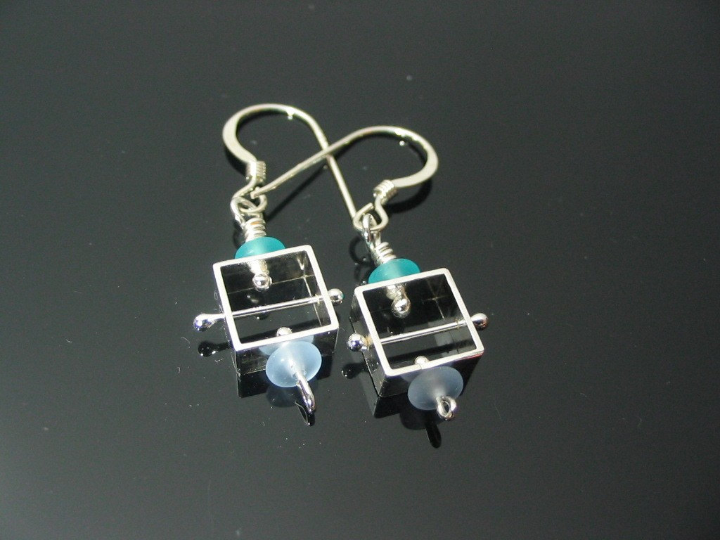 Simple square earrings with light blue and blue beads architecture inspired CYBER MONDAY SALE