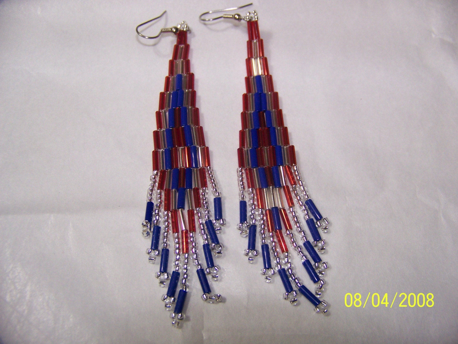 Red Silver and Blue Bugle and seed bead earrings