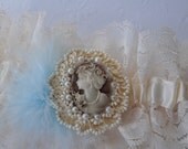 Victorian Style Garter with Manhattan Shop Cameo Trim and  Something Blue Feathering
