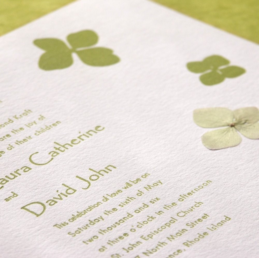 Hydrangea pressed flower - Letterpress Wedding Invitation - grass green on white