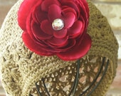 Boutique Newborn Baby Crochet Beanie Hat Cap with Jeweled Ranunculus Rose Flower Clip------Mocha Toffee-----Fits 0-12 Months------You Choose Flower