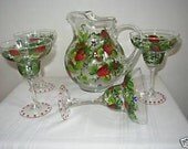 HAND PAINTED MARGARITA GLASSES AND PITCHER WITH STRAWBERRIES