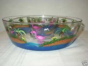 HAND PAINTED CHIP AND DIP BOWL WITH FLAMINGOS