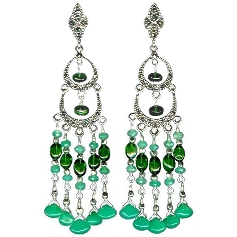 Glamorosi - Sterling Silver Marcasite Earrings - St. Patrick's Day Wedding Jewelry - Green Chandelier Earrings - Chrysoprase Earrings