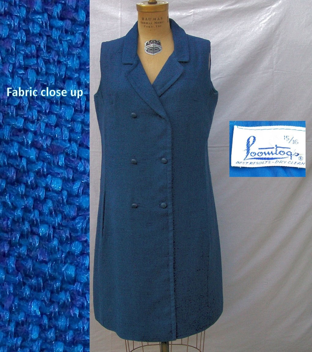 Vintage dress - 60s sleeveless dress in indigo blue - beautiful color - linen weave by loomtogs size 15/16