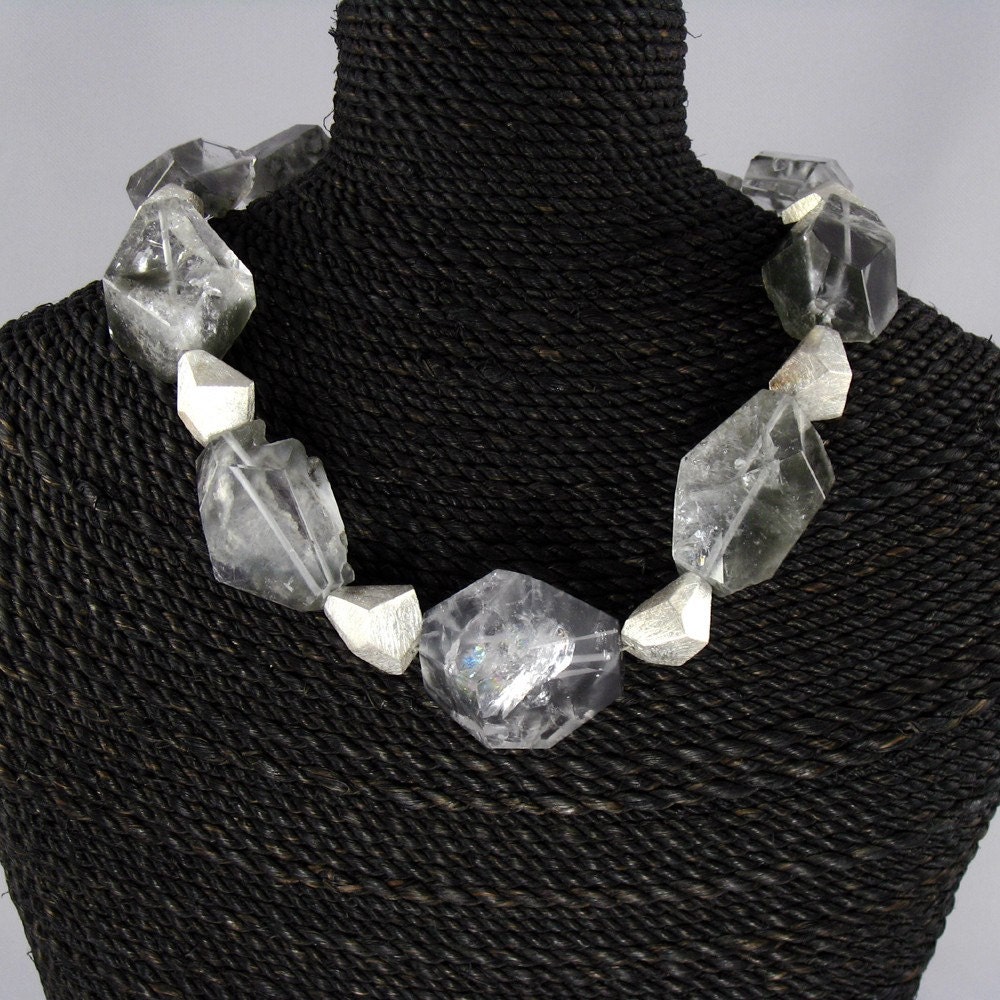 MAKE A STATEMENT    Necklace with Grey Quartz geometric cut nuggets and Sterling Silver beads to match
