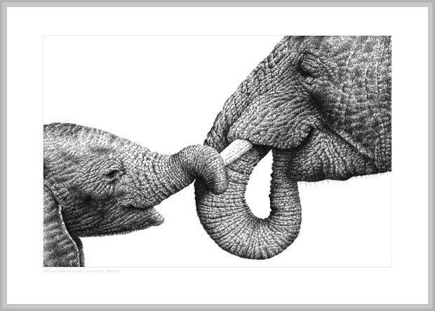 Wildlife Open Edition Giclee Print of an African Elephant and Baby
