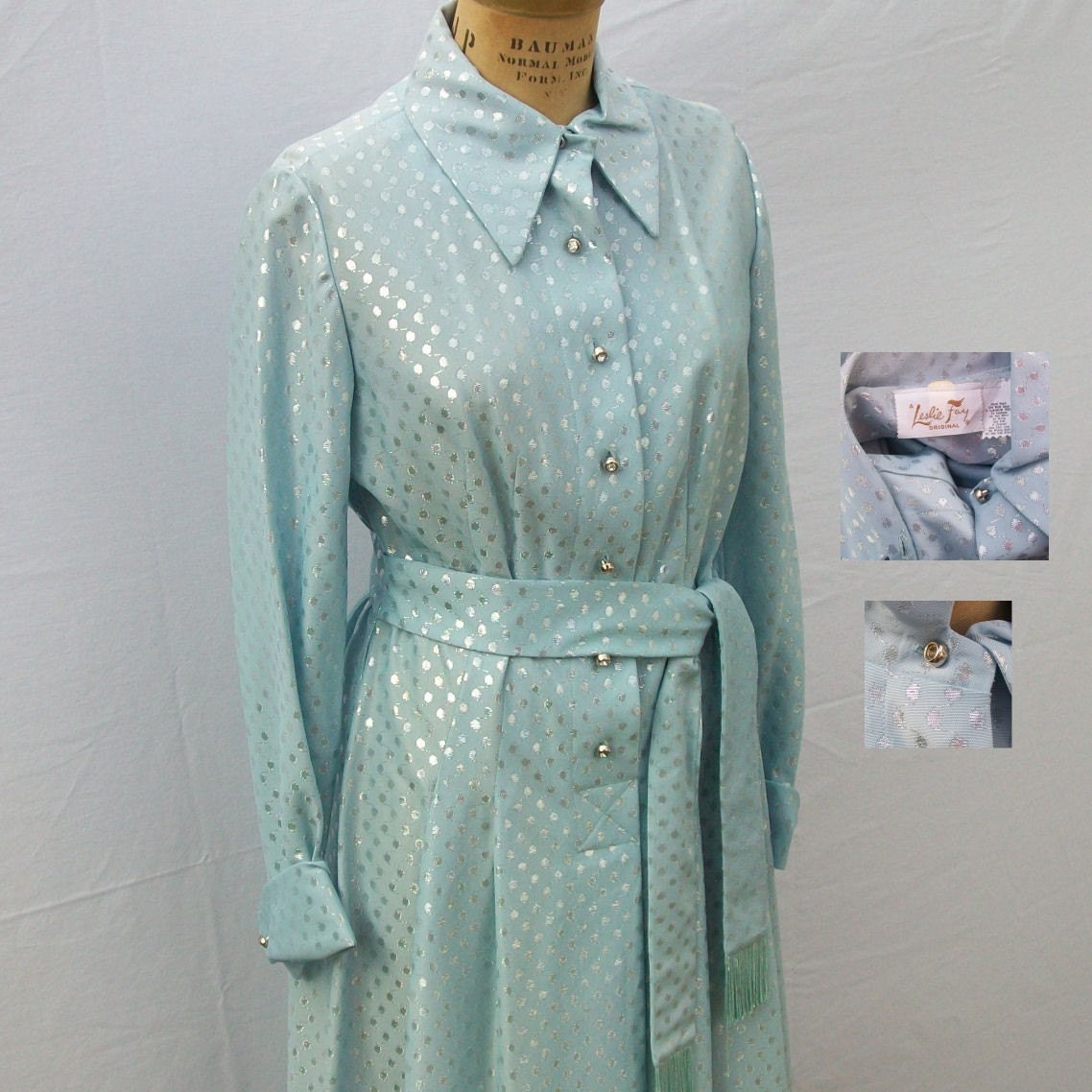 vintage dress late 50s Leslie Fay originals blue and silver dress with rhinestone buttons and tassled belt - size 14