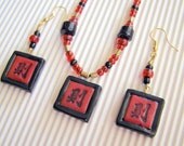 Black 'n Red Chinese Calligraphy Necklace and Earrings Set