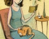 Limited Edition Hand Painted ACEO ---- ---- ---- Reading with Kitty