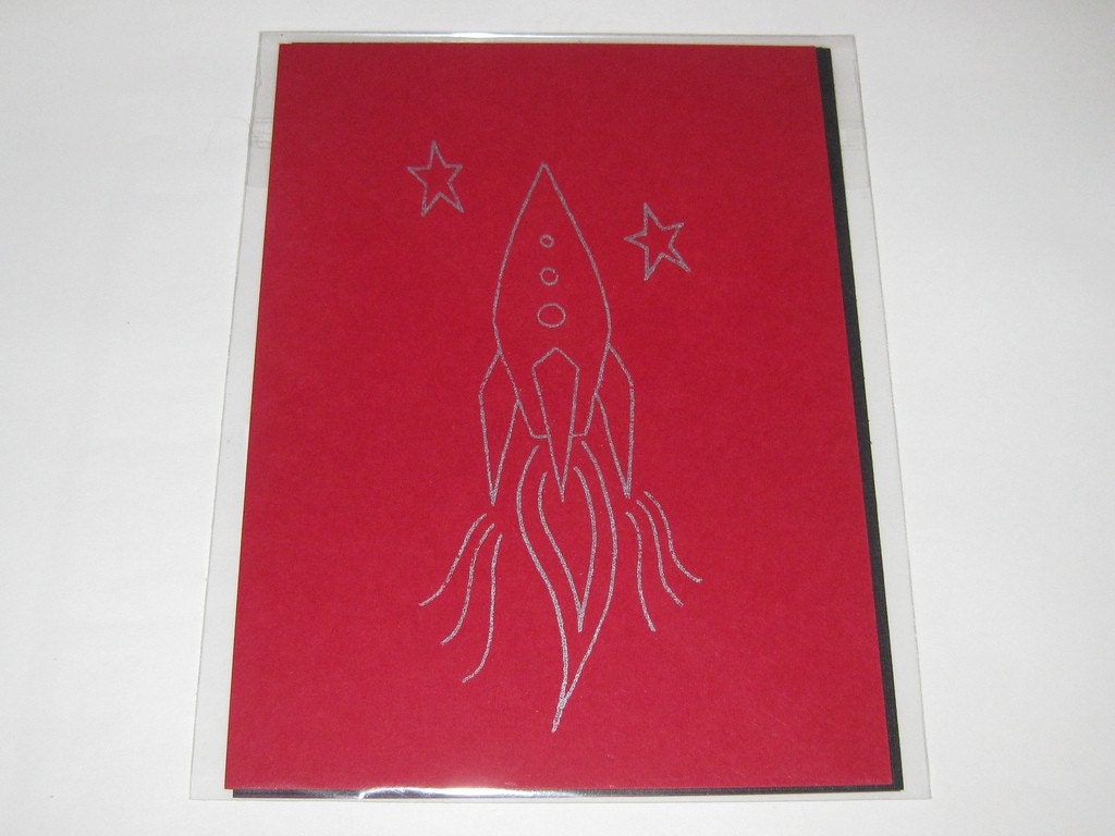 Gocco-printed rocket postcard set - red, purple, and black w/ silver ink