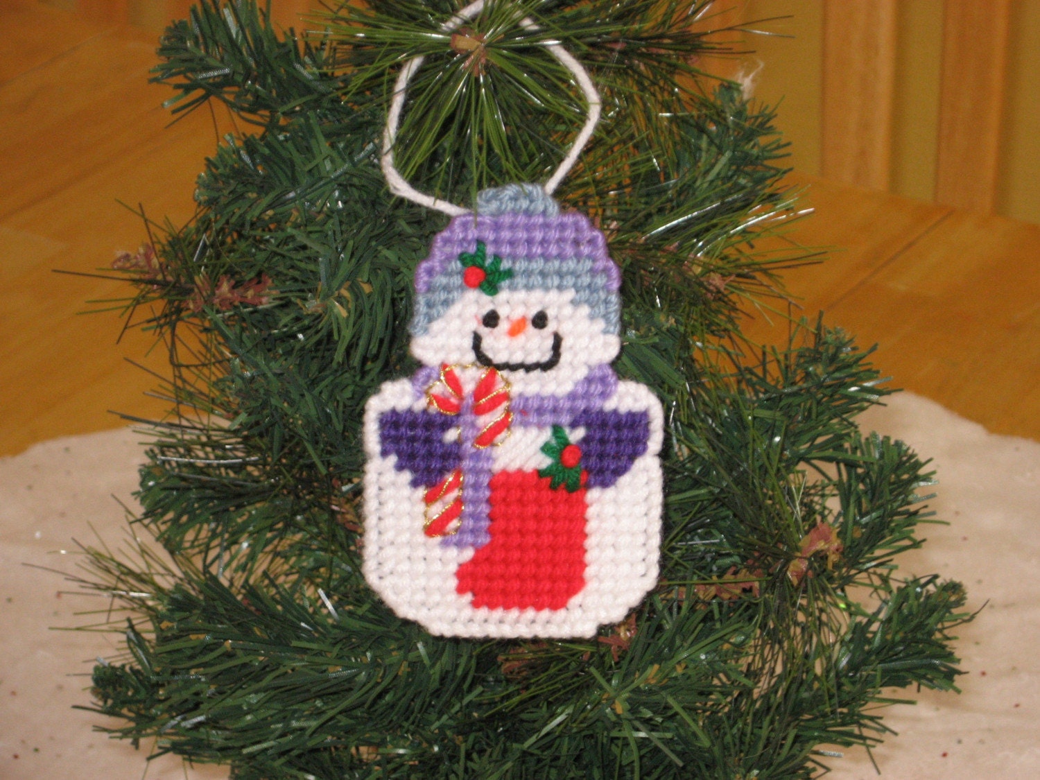Christmas Snowman with Candy Cane and Stocking Ornament