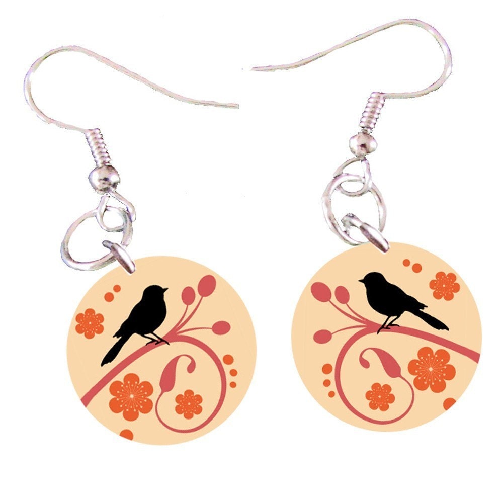 Spring Birds Dangling Button Earrings