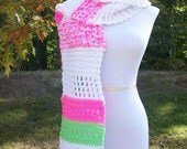 Handknit Scarf, White, Hot Pink and Lime Green - Ladies
