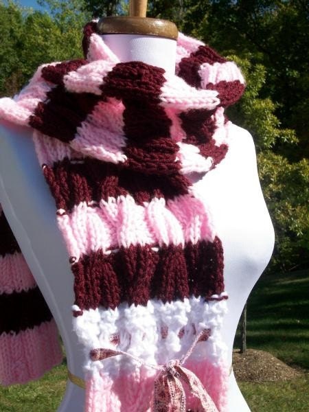 Sale, Custom Made to Order, Hand Knit Cable Stripe Scarf, White, Burgundy, Pink, As seen in Venus Zine Magazine