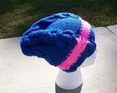 Hand Knit Thick Cable Sports Hat - Royal Blue and Hot Pink