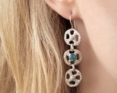 Small Wheel Earrings- Teal Topaz and Freshwater Pearl