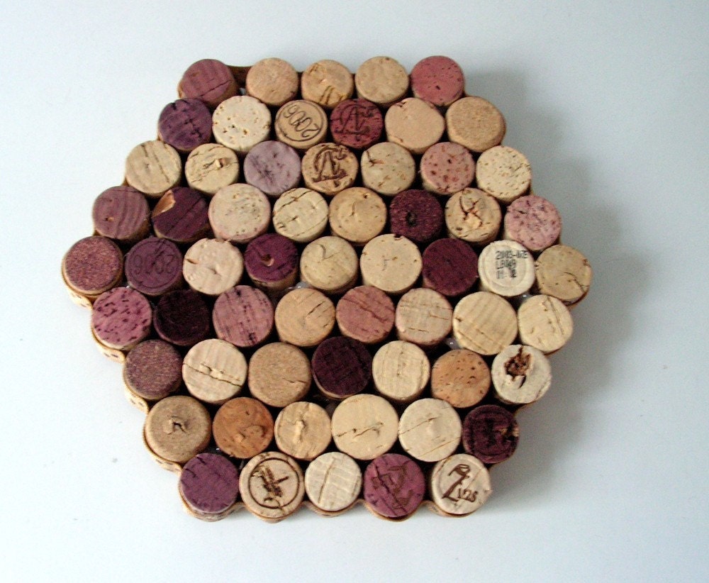 Upcycled Trivet made from Wine Corks with Polka Dot Ribbon Edge