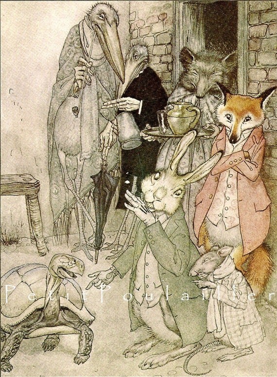 1986 'The Hare and the Tortoise' Arthur Rackham Green Tiger Press Blank Note Card with Envelope