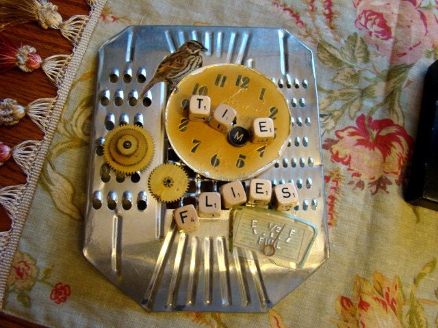 Charming Vintage Junk Assemblage Collage Time Flies