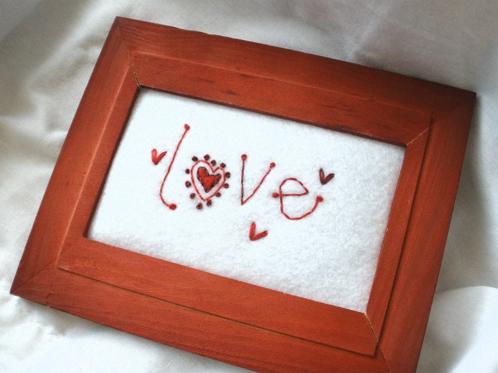 SALE- Love - Vintage Inspired Hand Stitched Framed Felt Word Art - 50 PERCENT OFF