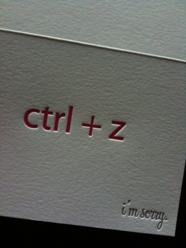 Letterpress 'ctrl z' nerd, I'm Sorry single card with matching envelope