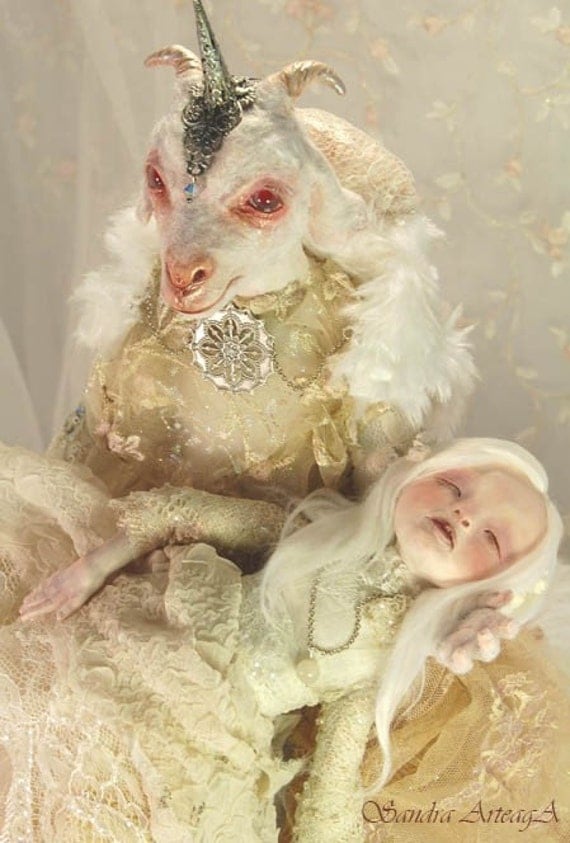Lillith and Eva  ART DOLL ooak fantasy tale goat fairies fairy  white