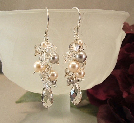 Silver Creme Collection Bridal Earrings Ivory Wedding by Handwired pearls