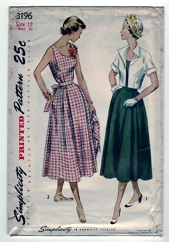 FREE SHIPPING Vintage 1950 Simplicity 3196 Sewing Pattern Maternity Dress and Bolero in Misses Size 12 Bust 30