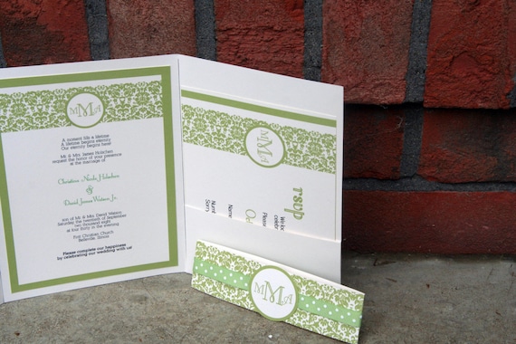Beautiful Damask Green 5x7 Pocket Wedding Invitation