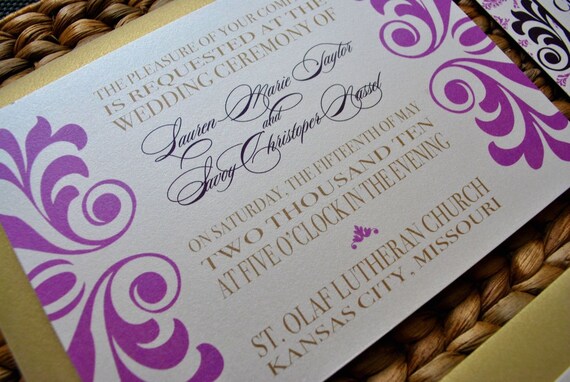 Chic Wedding Invitation Suite London eggplant amethyst and gold