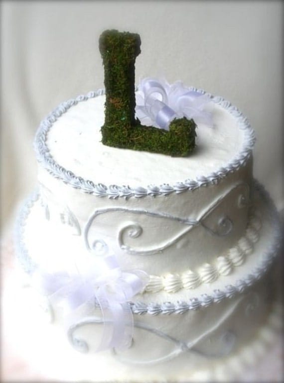 Moss covered 6 inch letter initial Wedding Cake Topper From SpottedLeopard