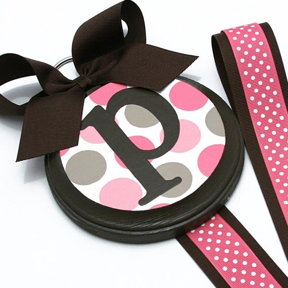 Personalized Tres Chic Pink and Black Jumbo Dot Haind-Painted Hair Bow Holder-personalized, dots, bow, hair, holder, accessories