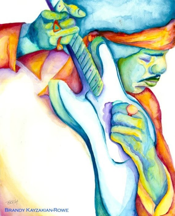 Jimi Hendrix watercolor painting art print - rainbow psychedelic hippie musician