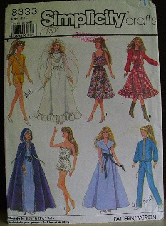 1987 Simplicity 8333 Fashion Doll Clothes 115 doll Wedding dress Sundress