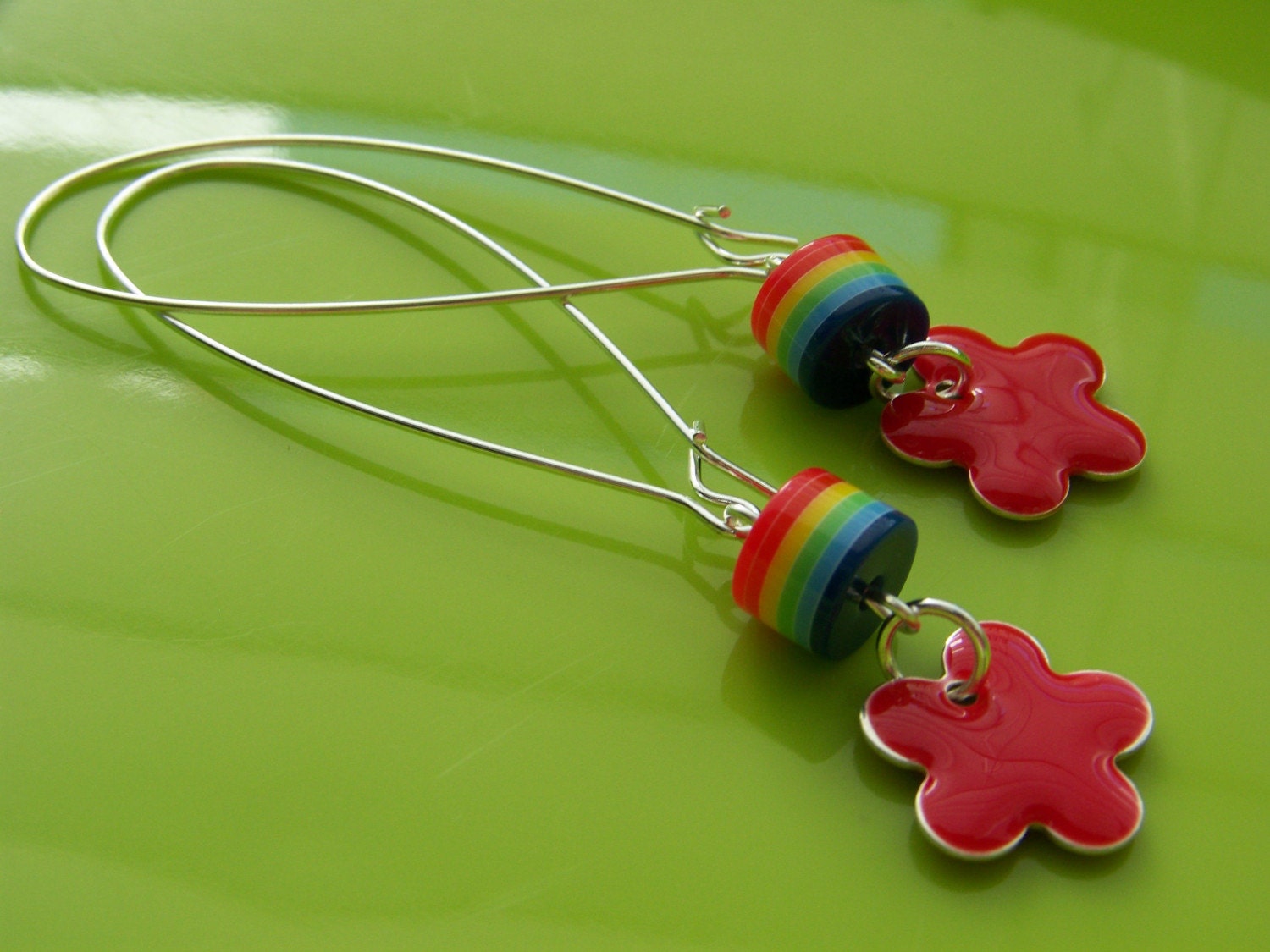 earrings - SUMMER red enamel flower drops - FREE SHIPPING