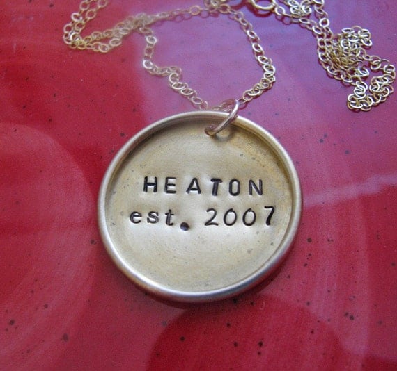 custom hand stamped antique brass raised rim necklace