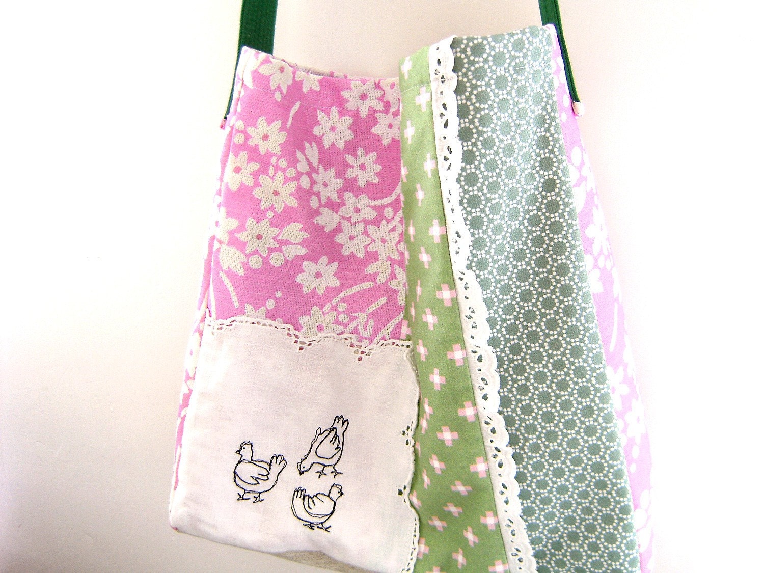 Embroidered Messenger Bag - 'La Basse-court' large patchwork bag in pink and green