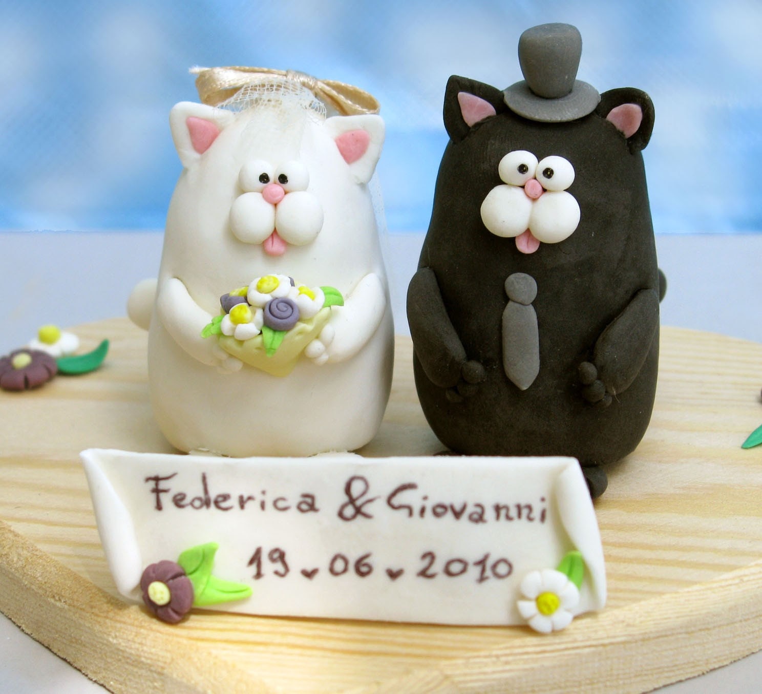 Cute funny cats wedding cake topper with decorated wooden base and banner