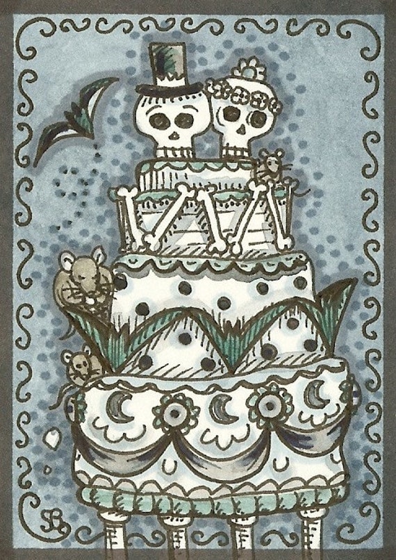 Goth Wedding Cake Day Of The Dead Bride Groom Skulls EHAG Gothic ACEO Art