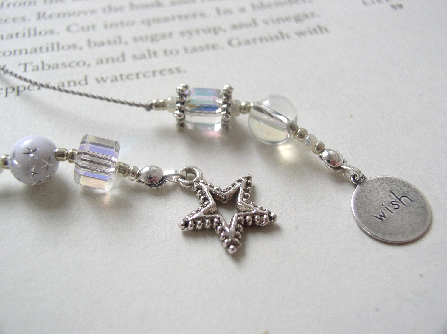 Wish Upon a Star Crystal Bookmark - Beaded Book Thong with Crisp White, Silver, and Pearl Accents