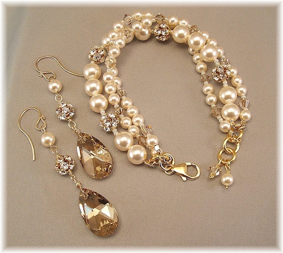 Golden Hue Bracelet and Earring Set  Swarovski Pearls by Handwired from etsy.com