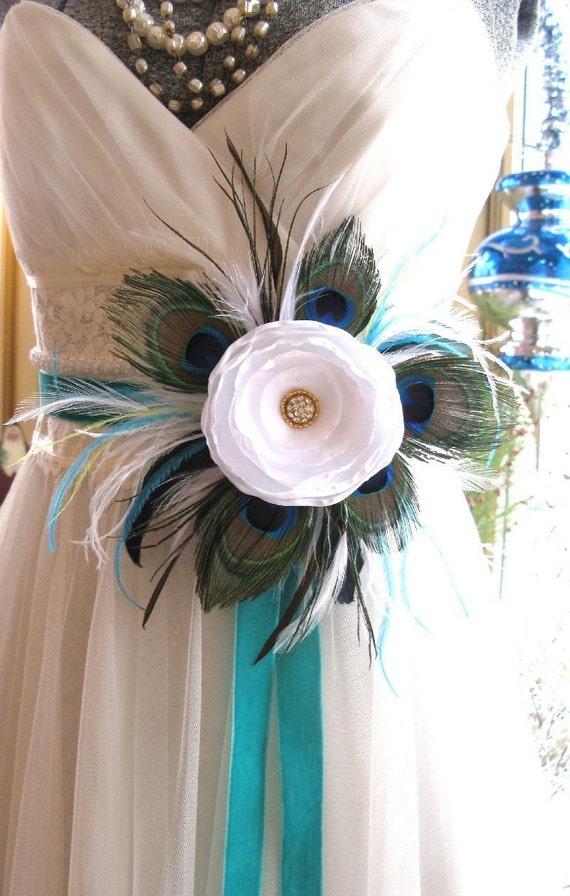 Beautiful Peacock Luxe bridal sash or brooch