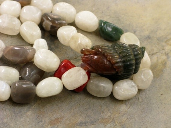 Multistrand Moonstone Necklace with Jasper Hermit Crab
