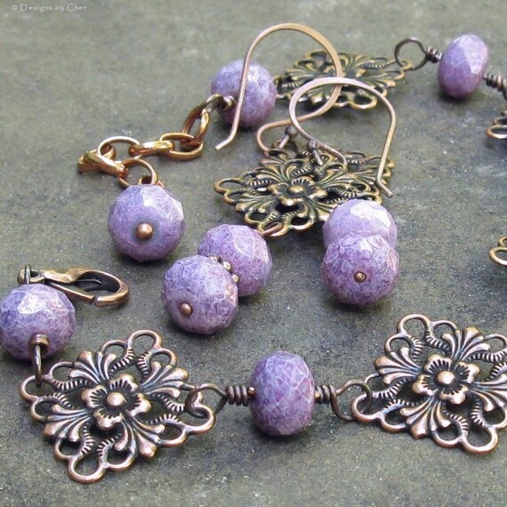 Antique Copper Amethyst Filigree Set, Amethyst Picasso Glass, Floral Filigree... Lavender & Lace