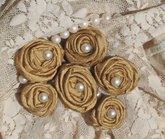 Silk Fabric rolled flowers Gold  with pearls For Your Assemblage, Scrap booking, Jewelry, Fiber Art, Altered Art, Cardmaking Projects Set of 6 by My Broken Art on Etsy