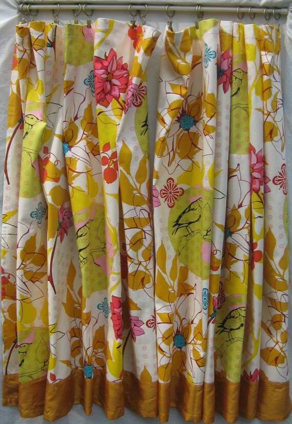 Two Cafe Curtains with Curtain Hangers with Anna Maria Horner Drawing Room Sketchbook in Ivory Fabric  (Custom Ordering Available)