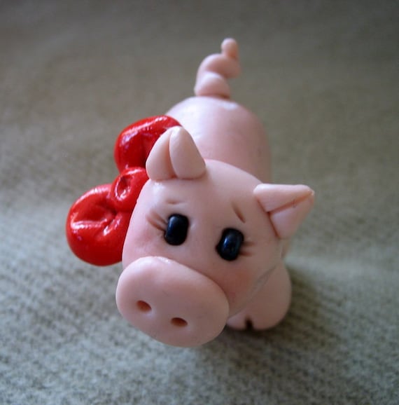Polymer Clay Pig With Big Red Bow