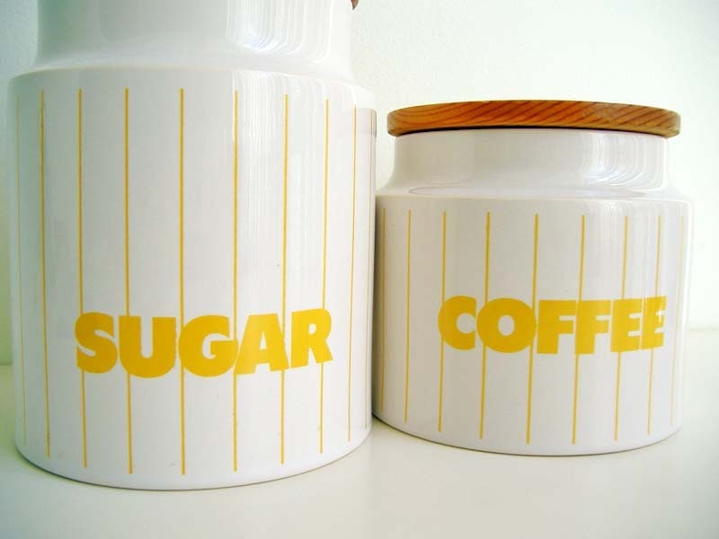 Hornsea Sugar and Coffee Jars White and Yellow with Wooden Lids